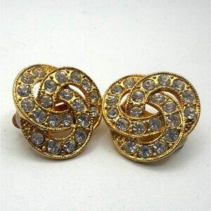 Vintage Rhinestone Swirl Clip On Earrings Gold Tone Round Statement Earrings